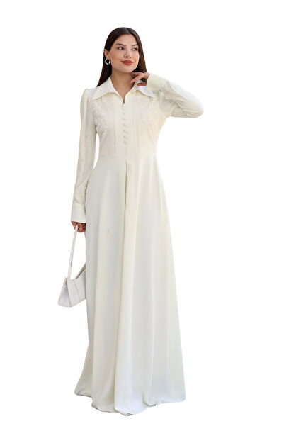 lodmela Shirt Collar Lace Embroidered and Covered Belt Evening Dress 2764-Ecru