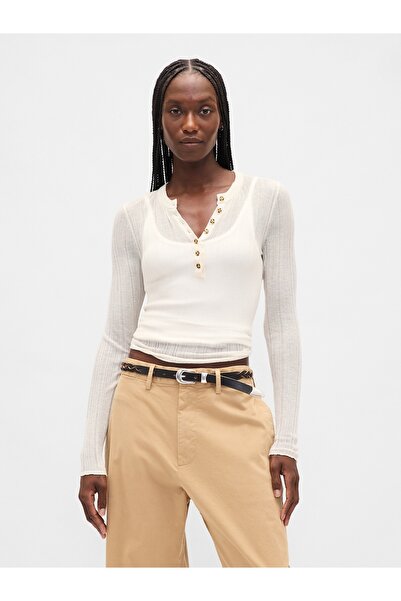 GAP Kadın Beyaz Transparan Fitilli Henley Kazak