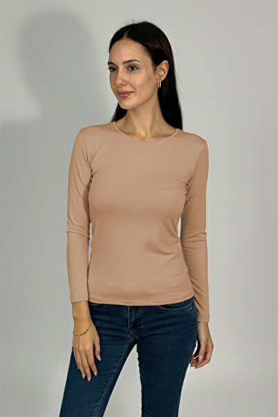 Betimoda Дамски боди с дълъг ръкав и кръгло деколте, цвят норка, 1 част