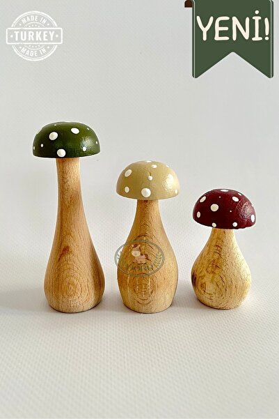 DORU Waldorf 3'lü Minik Doğal Organik Ahşap Mantar Oyuncak Seti Dekor Fotoğraf Çekimi Bebek Odası