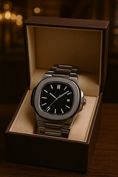 zentrova ساعة يد رجالية من باتيك موديل كوارتز بتقويم، مصنوعة من الفولاذ، مع علبة وسوار من الفولاذ - مينا أسود