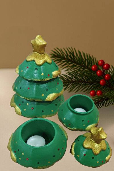 gözayn 3 Katlı Yılbaşı Mumluk I El Boyaması Seramik Tozu Döküm(Kırmızı/Yeşil/...