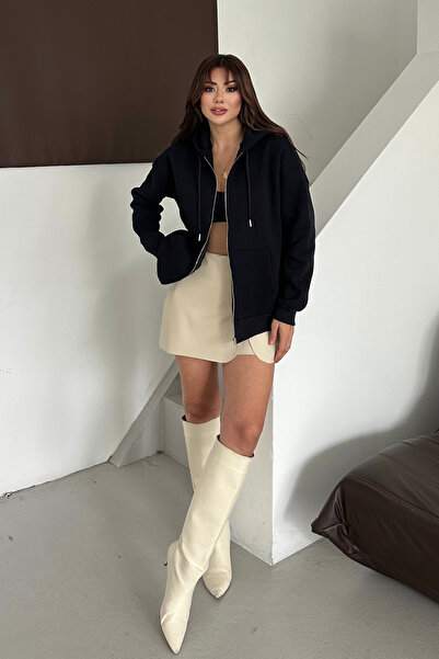 Mogi Butik Women's 3 Thread Fleece Lined Hooded Oversize Sweat Cardigan 3095