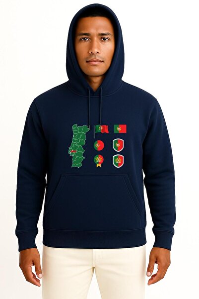Bahriyeli Collection Hooded Portugal Map and Flag Chest Printed Unisex Sweats...