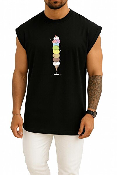 Bahriyeli Collection Огромна рисунка на котка с сладолед Kavaii, тениска с ка...