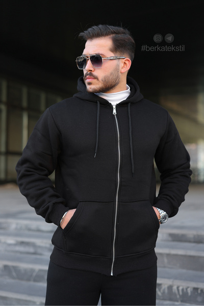 Berka 3 İplik K Hooded Zippered Sweatshirt with Fleece Inside, Relax Fit, Comfortable Cut, Cotton, Double Pockets