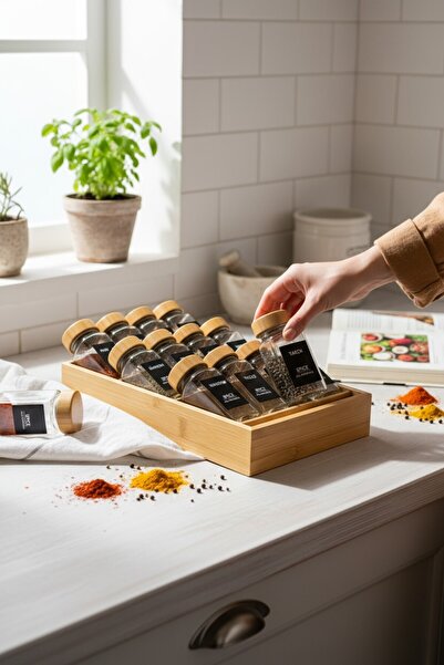 EG75 3-Layer Special Bamboo Stand 12-Piece Glass Spice Jar Set with Bamboo Lids (32 Labels as a Gift)