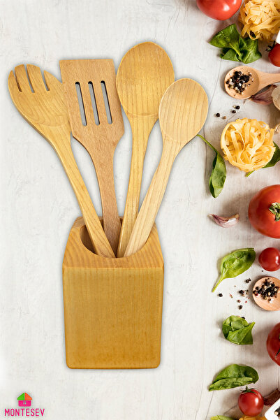 MONTESEV Standlı Ahşap Tahta Kaşık Seti Yemek Servis Sunum Kaşık Seti Ahşap Kaşıklık - Doğal yağlı (5 Parça)