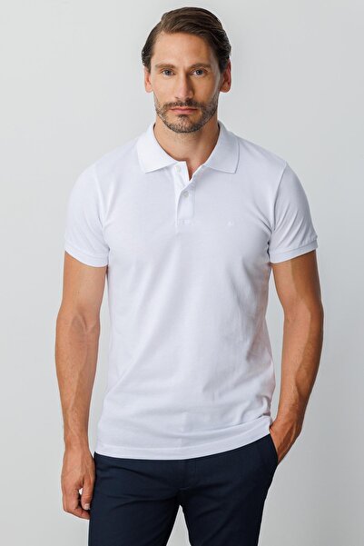İgs Men's White Modernfit / Slim Fit Polo Collar T-Shirt
