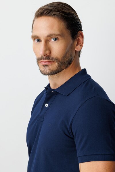 İgs Navy Blue Modern Fit Slim Fit Polo Neck Plain Short Sleeve 100% Cotton T-Shirt