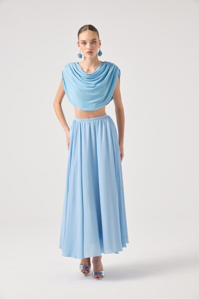 HOLLY LOLLY Bluză pelerina cu fustă din șifon Bustier Set Alanna din 3 piese Albastru