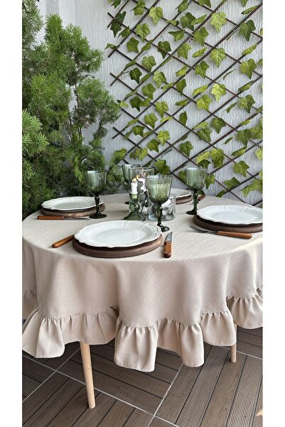 Decamor home Linen Textured Wrinkle-Free Stain-Resistant Beige Round Ruffled Tablecloth (Napkin Not Included)