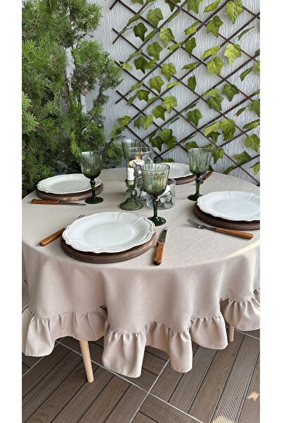 Decamor home Linen Textured Wrinkle-Free Stain-Resistant Beige Round Ruffled Tablecloth (Napkin Not Included)