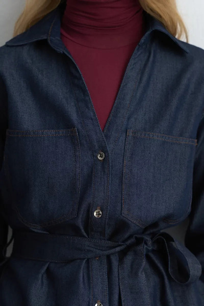 Gusto Beli Belted Denim Shirt - Navy Blue