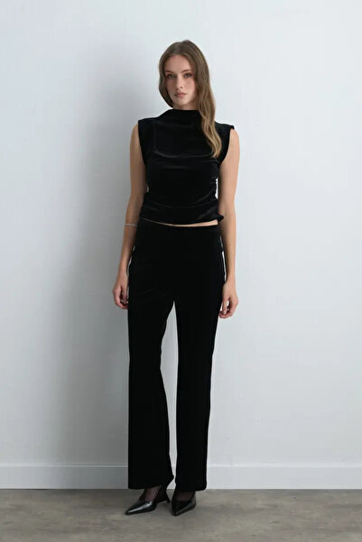 Gusto Elastic Waist Wide Leg Velvet Trousers - Black
