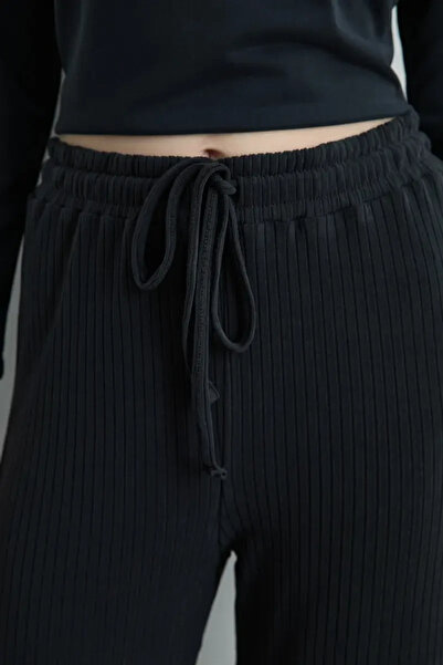 Gusto Ribbed Modal Knitted Wide Leg Trousers - Gray