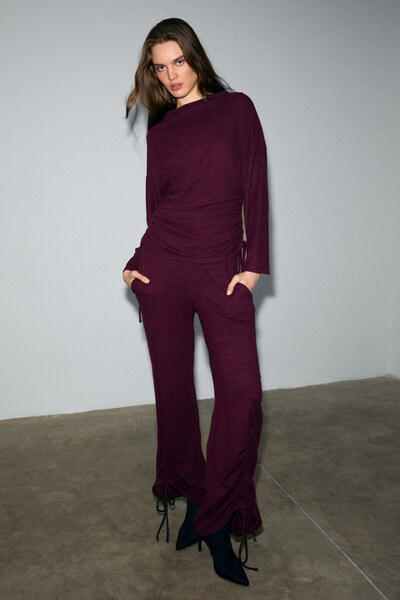 GRIMELANGE Kandias women's soft and stretchy textured burgundy sweatpants with functional side drawstrings