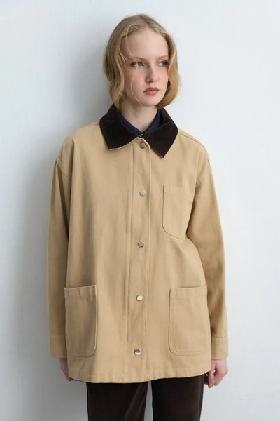Gusto Comfortable Cut Canvas Jacket with Velvet Collar - Beige