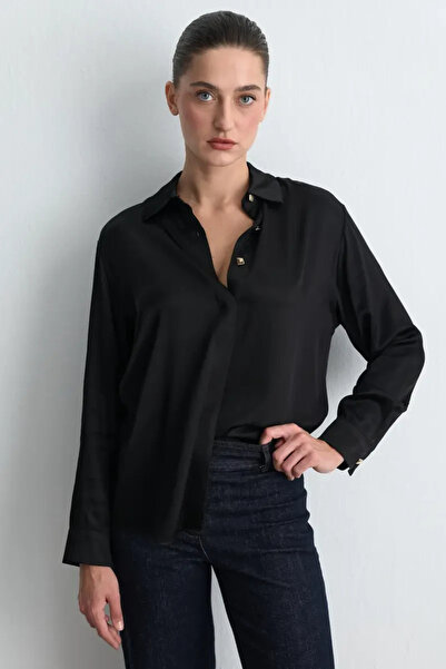 Gusto Gold Buttoned Viscose Satin Shirt - Black