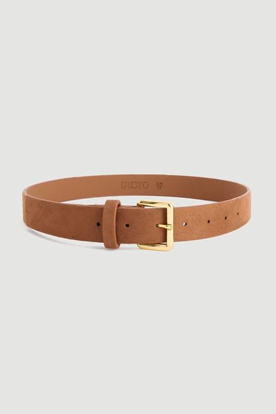 Gusto Square Buckle Faux Suede Belt - Tan