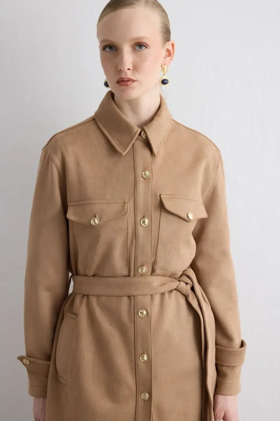 Gusto Beli Belted Faux Suede Jacket - Beige