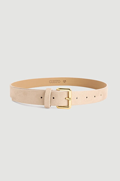 Gusto Square Buckle Faux Suede Belt - Beige