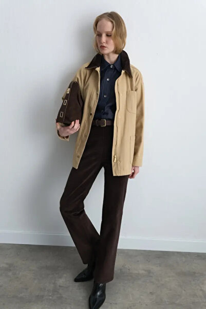 Gusto Comfortable Cut Canvas Jacket with Velvet Collar - Beige