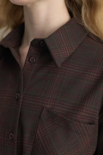 Gusto Beli Plaid Fabric Shirt with Rope Belt - Brown