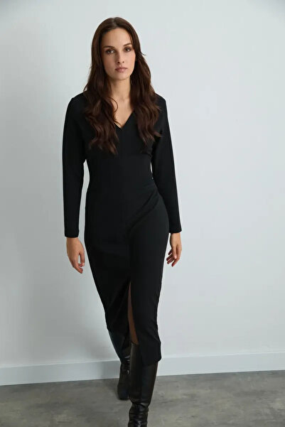 Gusto V-Neck Long Lycra Dress - Black