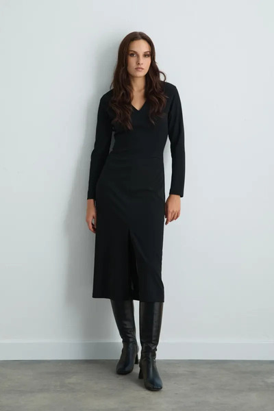 Gusto V-Neck Long Lycra Dress - Black