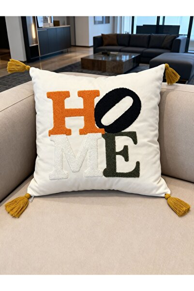 MACASA Κάλυμμα μαξιλαριού με κέντημα Punch Home 1 τεμάχιο Υφαντό διακοσμητικό μοντέρνο κάλυμμα με φούντες και πομπόν