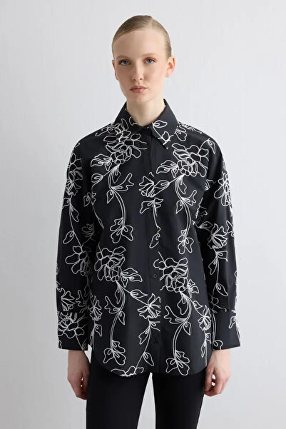 Gusto Floral Embroidered Cotton Shirt - Black