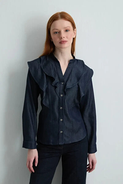 Gusto Flounce Denim Shirt - Navy Blue