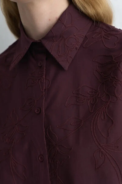 Gusto Floral Embroidered Cotton Shirt - Burgundy
