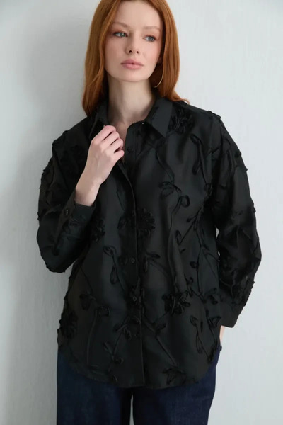 Gusto Embroidered Cotton Shirt - Black