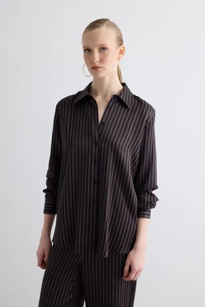 Gusto Striped Satin Shirt - Brown