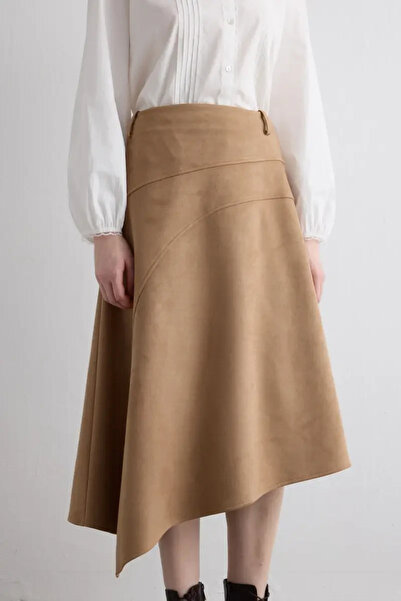 Gusto Asymmetrical Cut Faux Suede Skirt - Beige