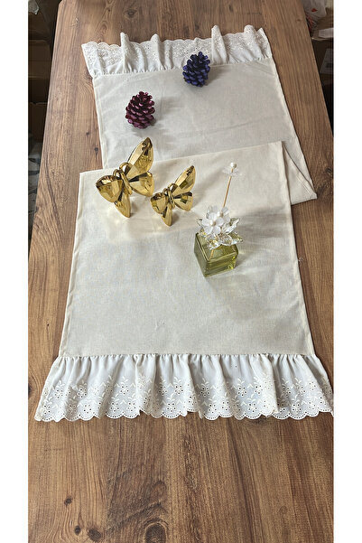 NURGİTA HOME % 100 Pamuk Ham Keten Vintage Ucu Fistolu Fırfırlı Runner