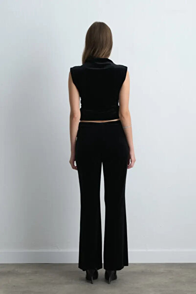 Gusto Elastic Waist Wide Leg Velvet Trousers - Black