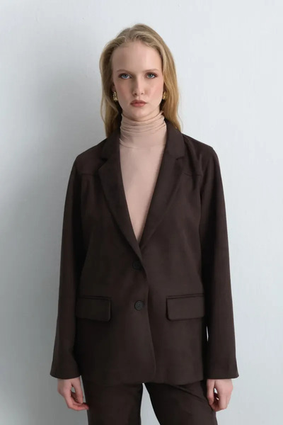 Gusto Faux Suede Blazer Jacket - Brown