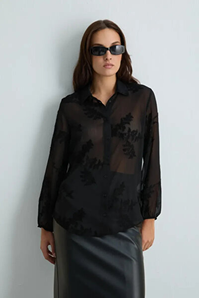 Gusto Embroidered Chiffon Shirt - Black