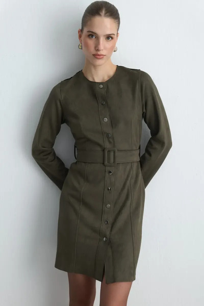 Gusto Beli Belted Faux Suede Dress - Khaki