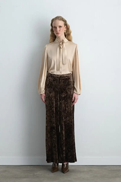 Gusto Anka Collection Wide Leg Velvet Trousers - Khaki