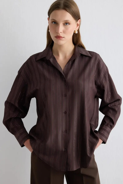 Gusto Glitter Striped Relaxed Fit Shirt - Brown