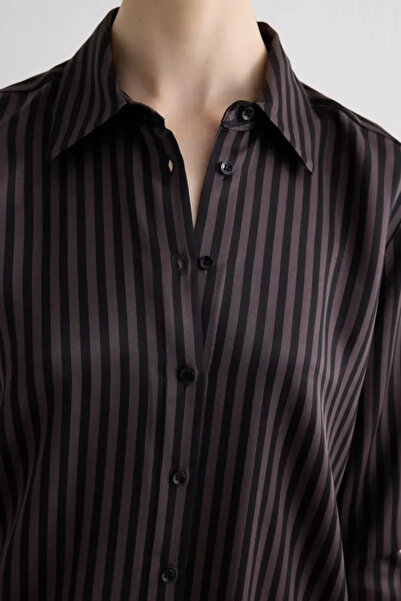 Gusto Striped Satin Shirt - Brown