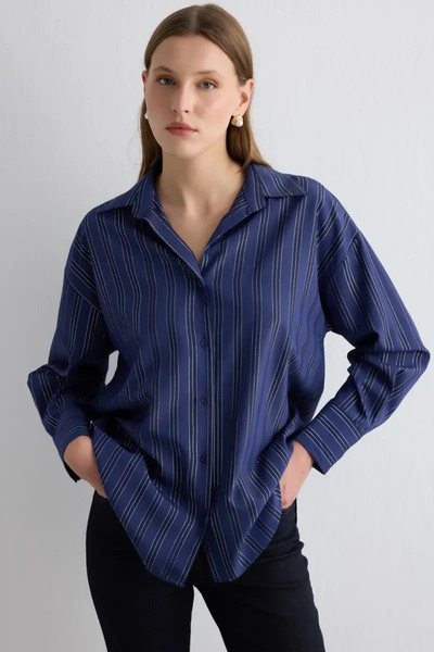 Gusto Glitter Striped Relaxed Fit Shirt - Navy Blue