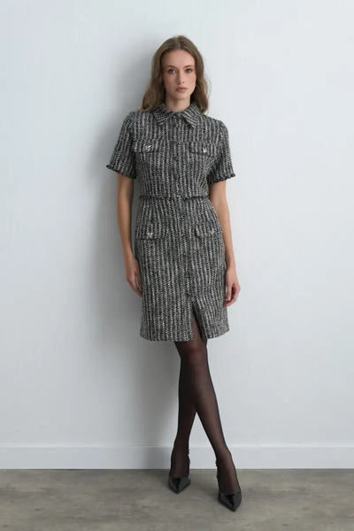 Gusto Short Sleeve Fitted Tweed Dress - Black