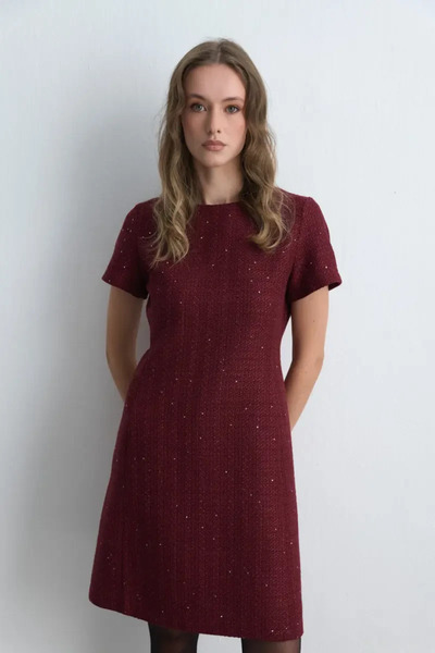 Gusto Short Sleeve Tweed Dress - Burgundy