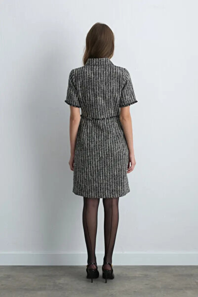 Gusto Short Sleeve Fitted Tweed Dress - Black