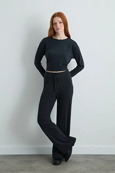 Gusto Ribbed Modal Knitted Wide Leg Trousers - Gray